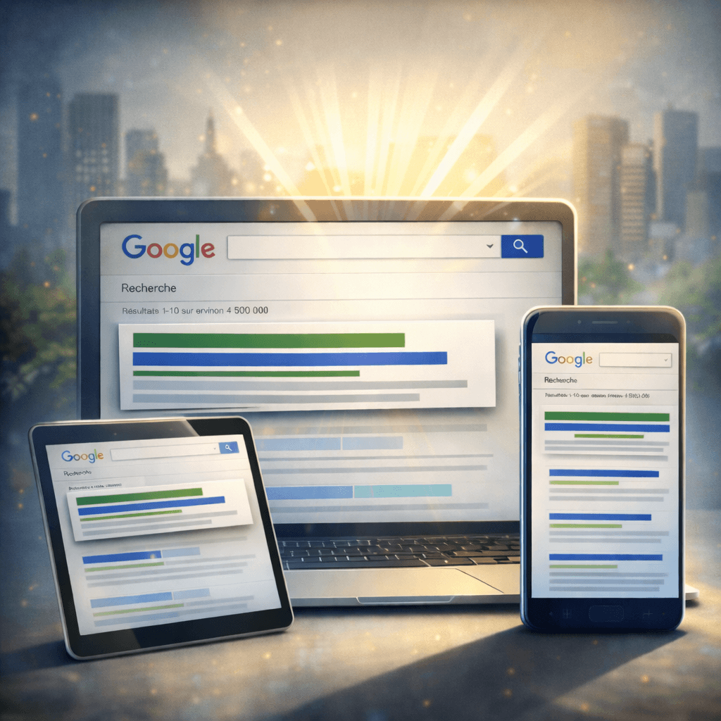 Ordinateur, tablette et mobile affiche un résultat en première position sur google