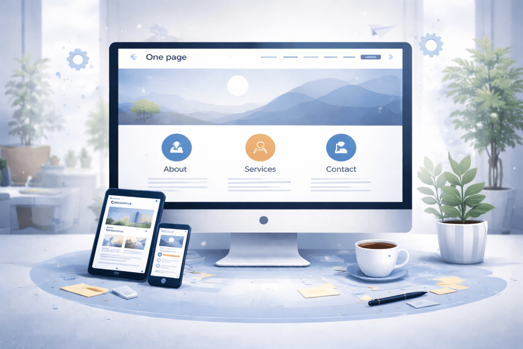 Illustration d'un site one page avec ordinateur, tablette et mobile