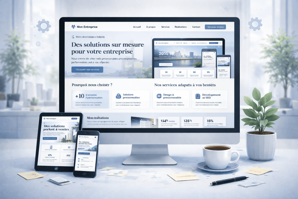 Illustration d'un site sur mesure avec ordinateur, tablette et mobile