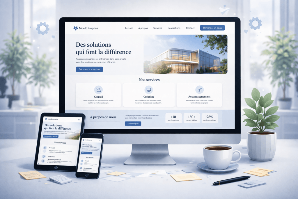 Illustration d'un site vitrine simple avec ordinateur, tablette et mobile