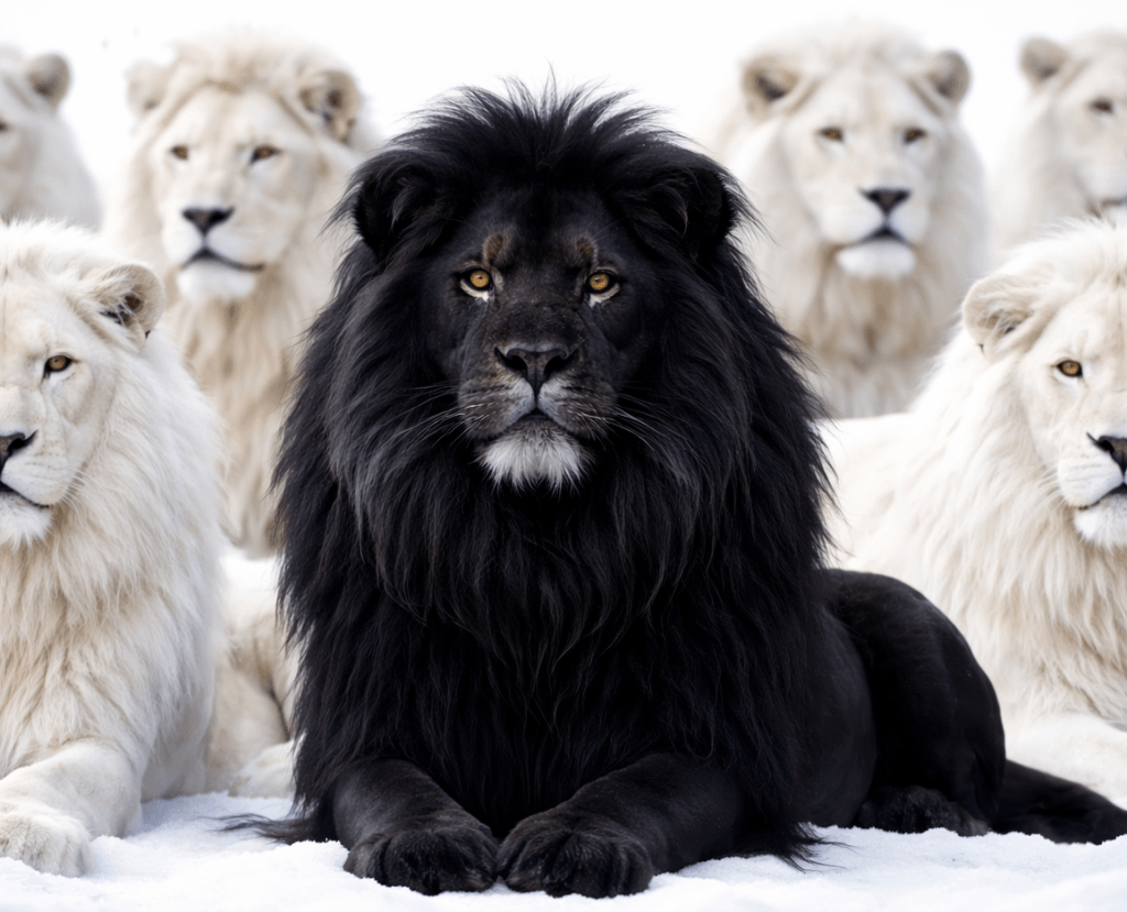 Un lion noir majestueux au milieu de lions blancs