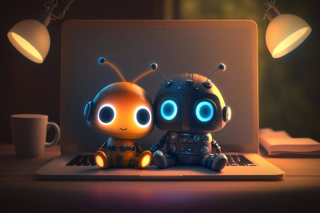 Deux robots sont assis sur un clavier d'ordinateur