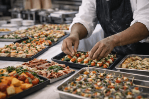 Un traiteur prépare des plateaux